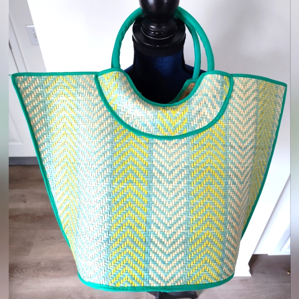 🆕XXL Bucket Rattan Straw Bag Tan-Teal-Yellow